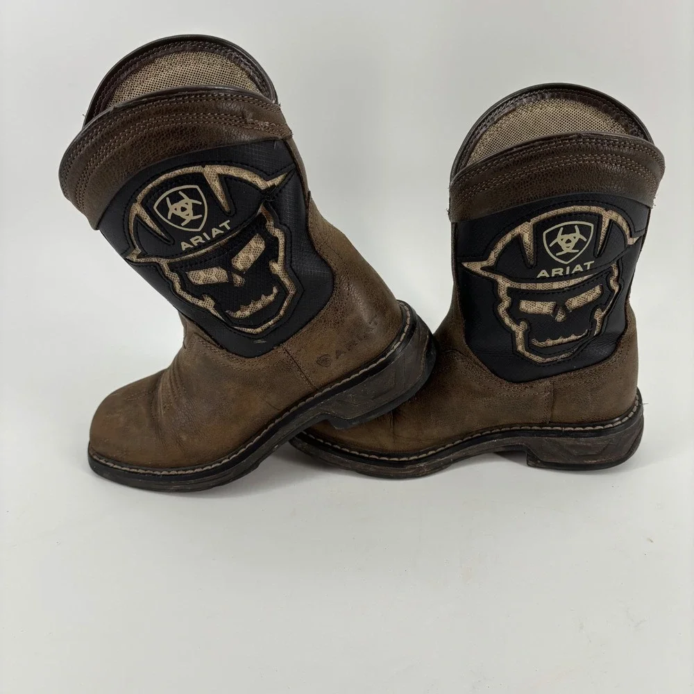 Ariat Roughstock Western Boots Kids Size 1 Brown Skull Graphic Square Toe
